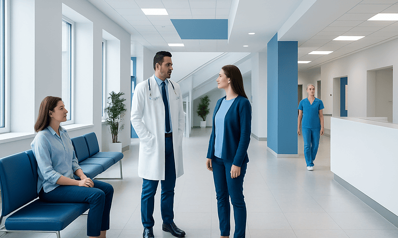 Medical consultation in a modern hospital corridor with doctors and patient.