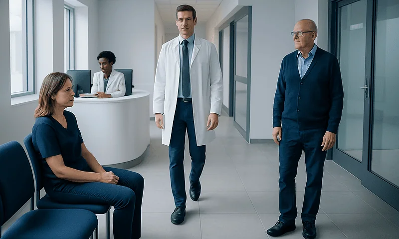 Medical consultation in a hospital corridor with doctors and patient.