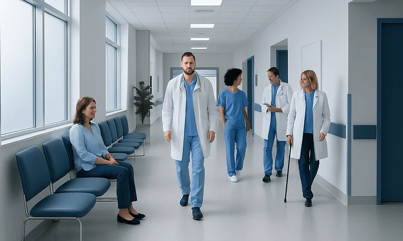 Medical team walking in hospital corridor with patient sitting nearby.
