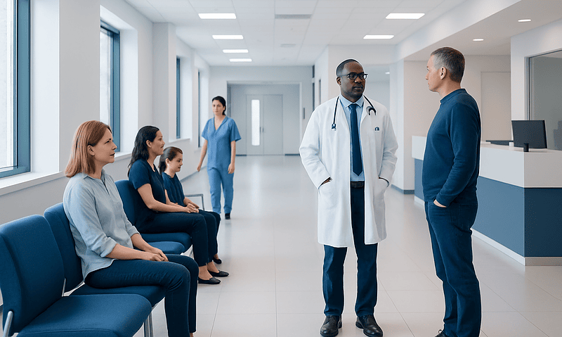 Doctor consulting with patient in hospital corridor with waiting patients nearby.