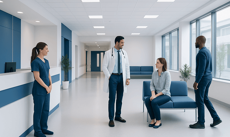 Medical team consulting patient in modern hospital corridor.