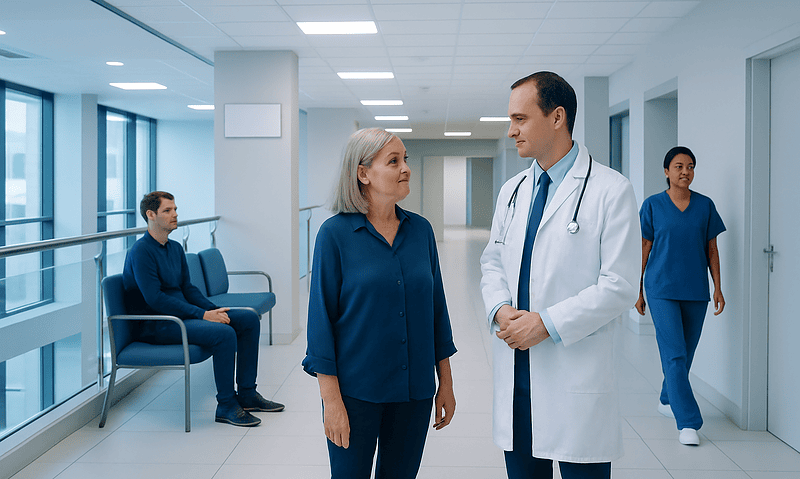 Doctor consulting with an elderly woman in a hospital corridor.