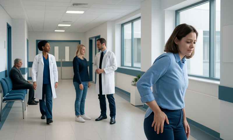 Patient experiencing hip pain in hospital corridor with medical staff nearby.