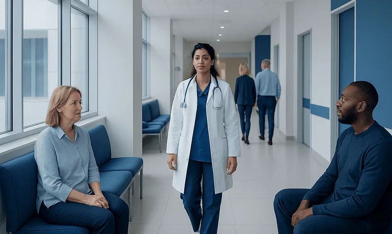 Doctor consulting with patients in a hospital corridor.