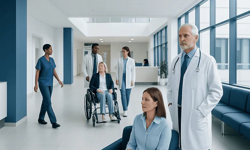 Medical team with patients in a modern hospital corridor.