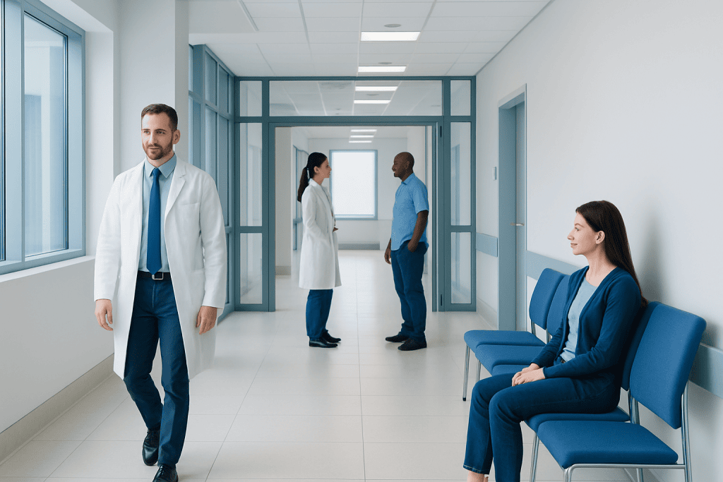 Alpha 1 Antitrypsin Hereditary Disease: Early Signs, Risk Factors, and How It Is Treated 1 Medical professionals and patient in a hospital corridor at Acibadem Hospitals Group.