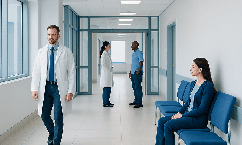 Alpha 1 Antitrypsin Hereditary Disease: Early Signs, Risk Factors, and How It Is Treated 9 Medical professionals and patient in a hospital corridor at Acibadem Hospitals Group.
