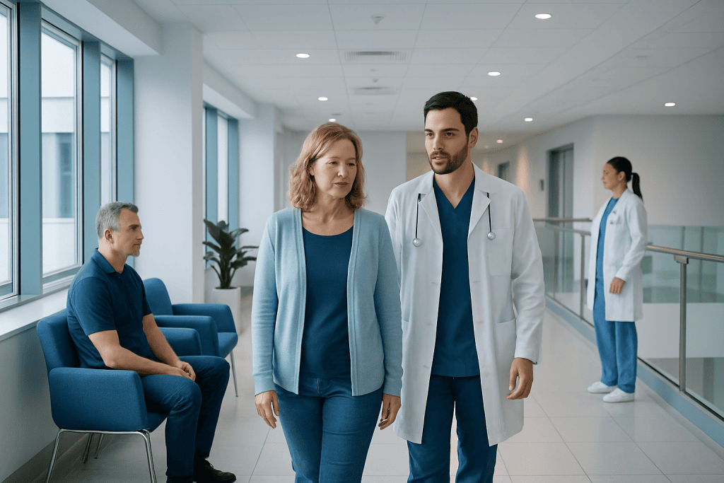 Spondylolisthesis: What Patients Need to Know 1 Doctor consulting with a patient in a hospital corridor.