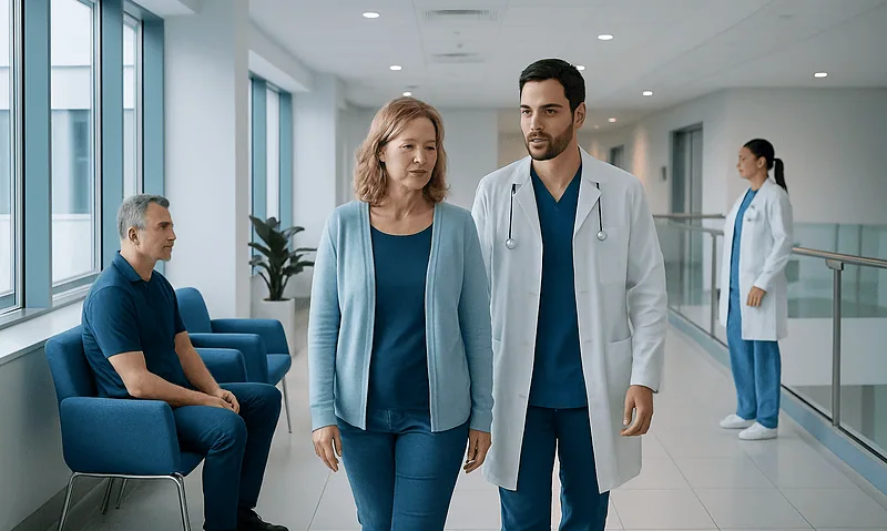 Doctor consulting with a patient in a hospital corridor.