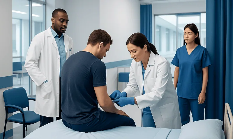 Medical team performing lumbar puncture procedure in hospital.