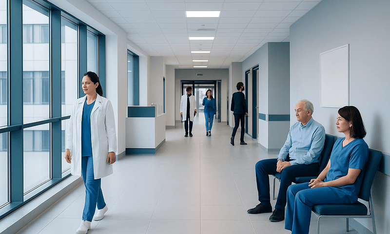 Facet Arthropathy: Symptoms, Causes, and Treatment Options 3 Healthcare professionals and patients in a modern hospital corridor.
