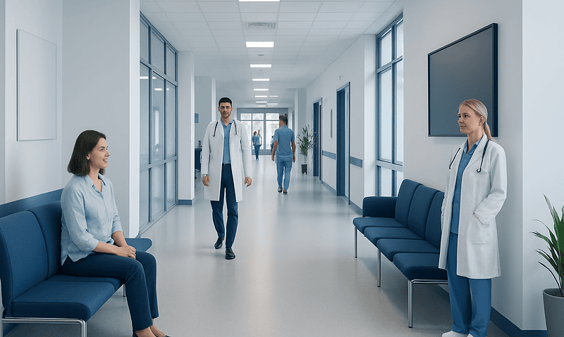 Healthcare professionals in a hospital corridor with seating areas.