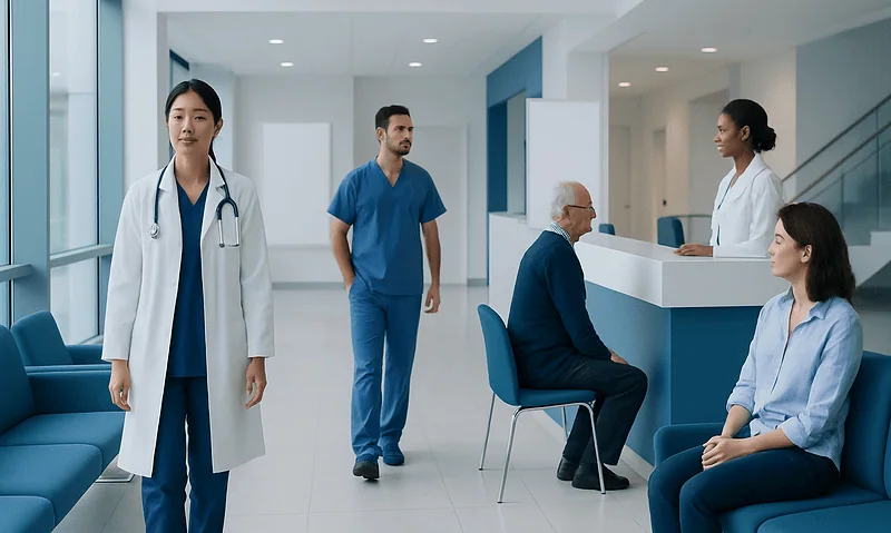 Medical professionals and patients in a modern hospital reception area.
