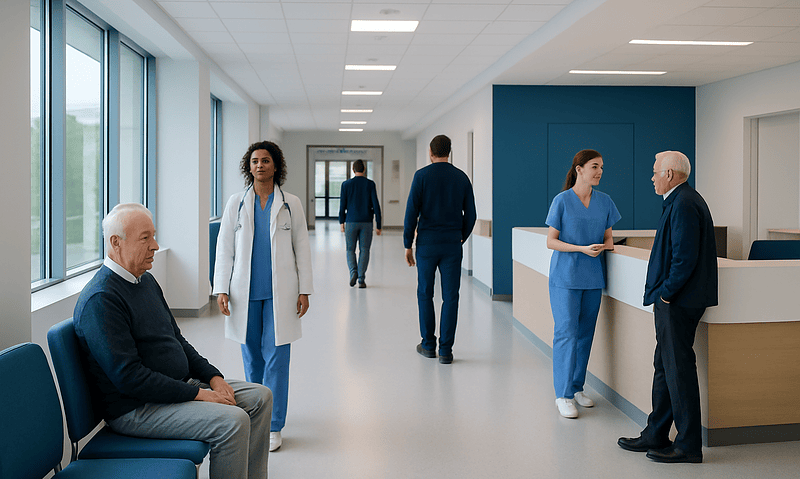 Hospital corridor with medical staff and patients in a modern healthcare facility.