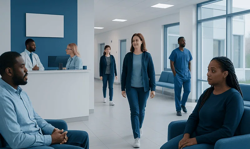 Patients and staff in a modern hospital waiting area.