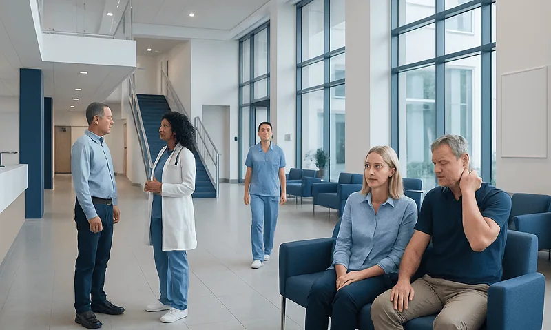Hospital waiting area with medical staff and patients.
