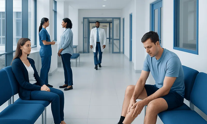 Young man with calf pain waiting in hospital corridor.