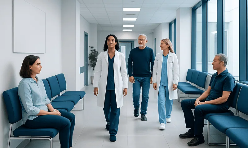 Medical professionals and patients in a modern hospital corridor.