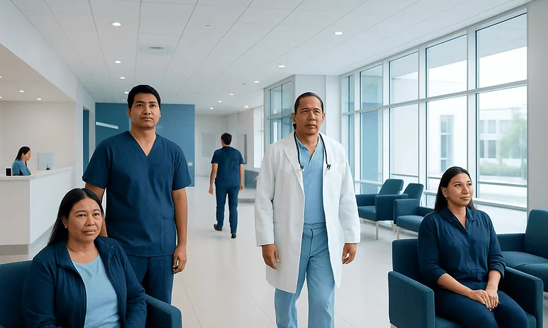Medical team in hospital lobby with seating area and large windows.