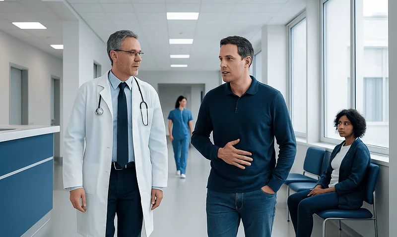 Doctor consulting patient in hospital corridor with waiting area.