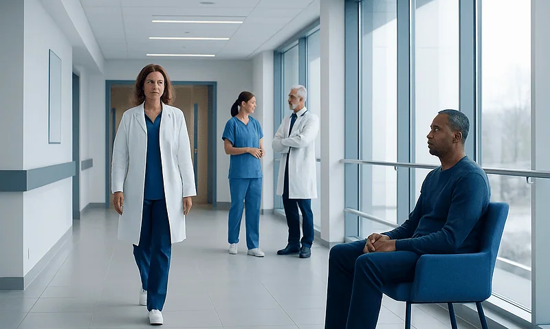 Medical professionals and patient in hospital corridor at Acibadem Hospitals Group.