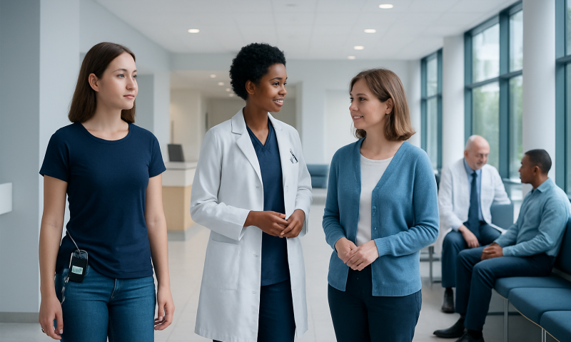Healthcare professionals and patients in a modern hospital corridor.