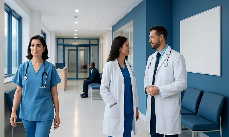 Medical professionals in hospital corridor with patient in background.