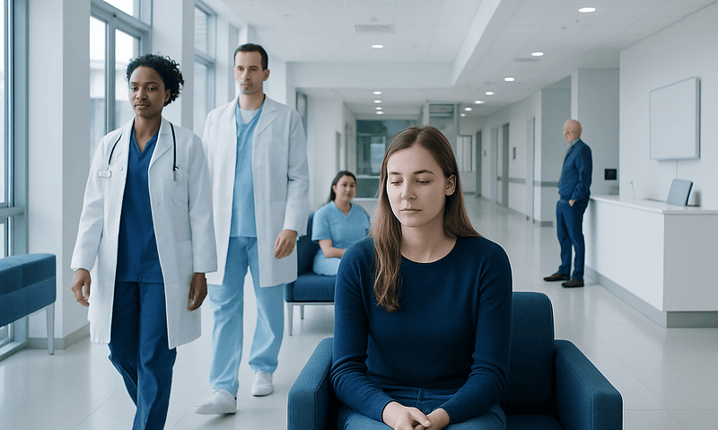 Young woman waiting in hospital corridor with medical staff nearby.
