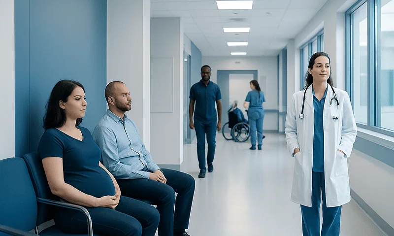 Pregnant woman waiting in hospital corridor with medical staff and visitors.
