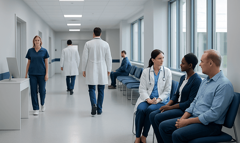 Medical professionals and patients in a hospital corridor.