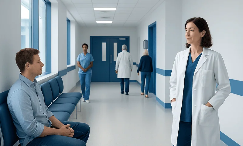 Medical staff and patient in hospital corridor at Acibadem Hospitals Group.