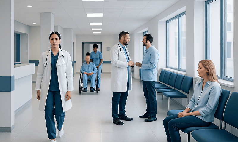 Healthcare professionals and patients in a modern hospital corridor.