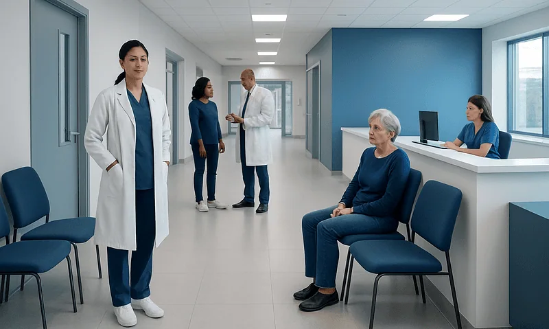 Medical staff and patient in a hospital corridor with seating area.