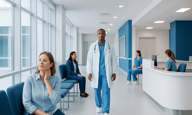 Medical staff and patients in a modern hospital waiting area.
