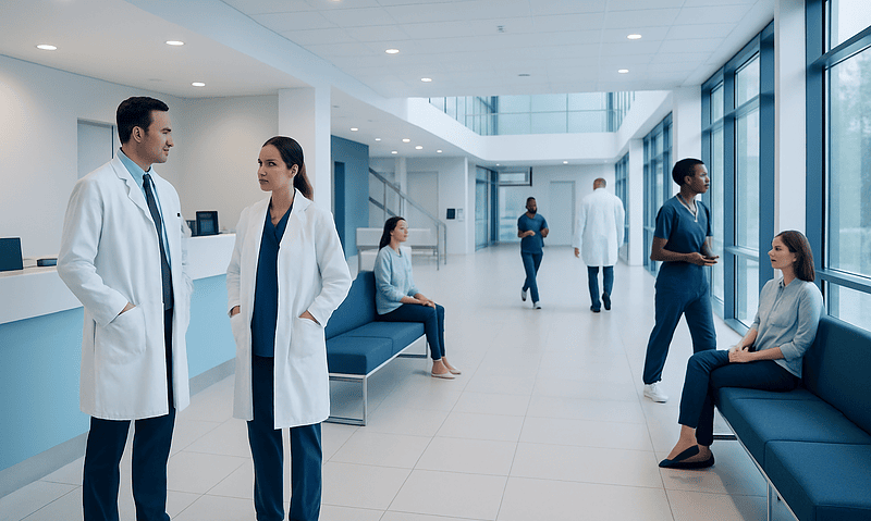 Medical professionals and patients in a modern hospital waiting area.