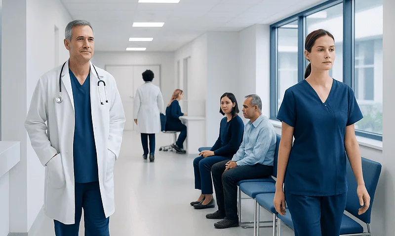 Healthcare professionals and patients in a modern hospital corridor.