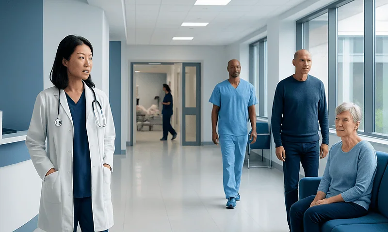 Healthcare professionals and patient in a modern hospital corridor.