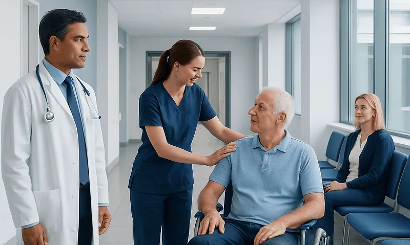 Healthcare professionals caring for an elderly patient in a hospital corridor.