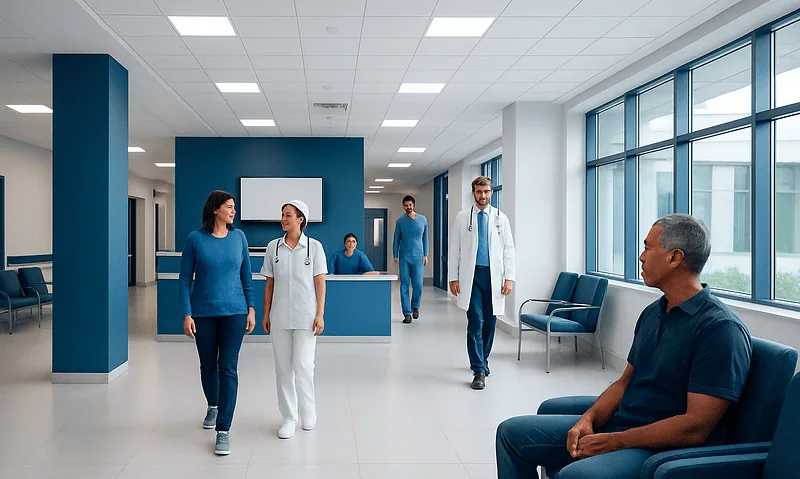 Modern hospital corridor with healthcare professionals and patient seating area.