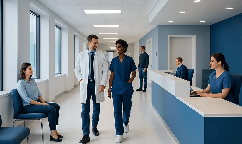 Medical professionals and patient in a modern hospital corridor.
