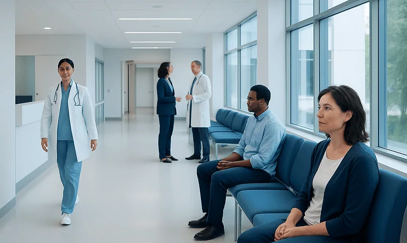 Hospital corridor with doctors and patients in a modern healthcare facility.