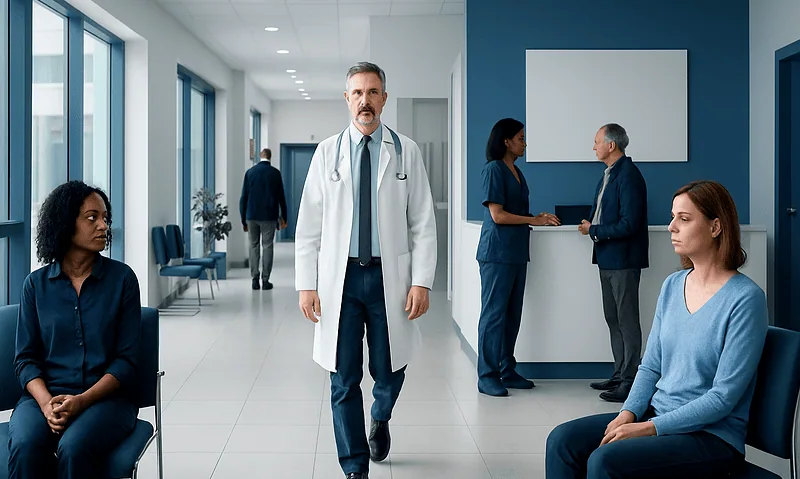 Medical consultation in a modern hospital corridor with patients and doctors.