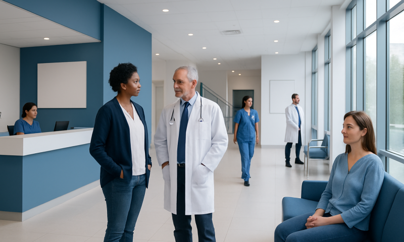 Medical professionals and patient in a modern hospital corridor.