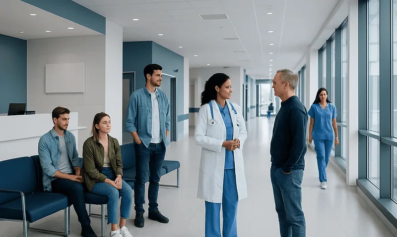 Healthcare professionals and patients in a modern hospital corridor.