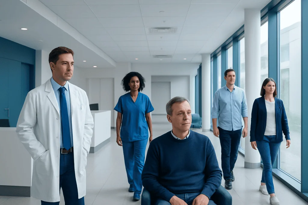 Lithium Medication: Uses, Dosage, and Side Effects — A Clinical Overview 1 Medical team in hospital corridor with patient in wheelchair and staff members.
