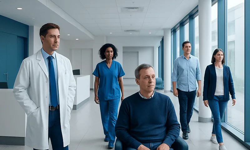 Medical team in hospital corridor with patient in wheelchair and staff members.