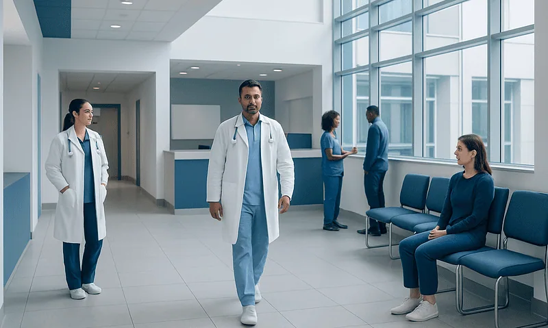 Medical staff and patient in hospital corridor at Acibadem Hospitals Group.