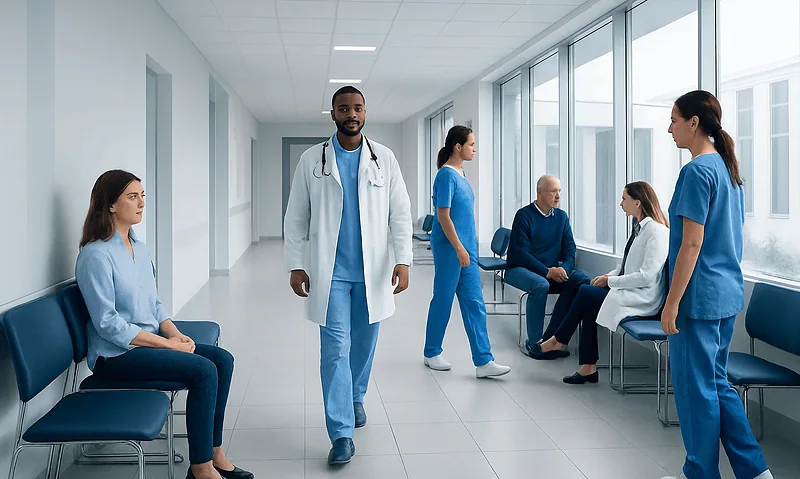 Medical professionals and patients in a hospital corridor at Acibadem Hospitals Group.