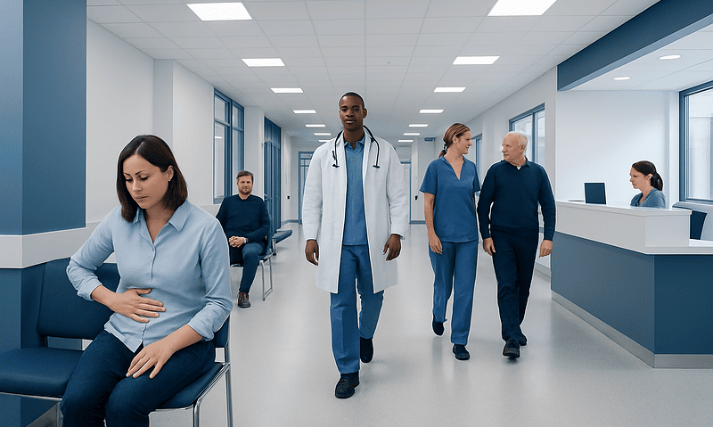 Medical professionals and patient in a hospital corridor.