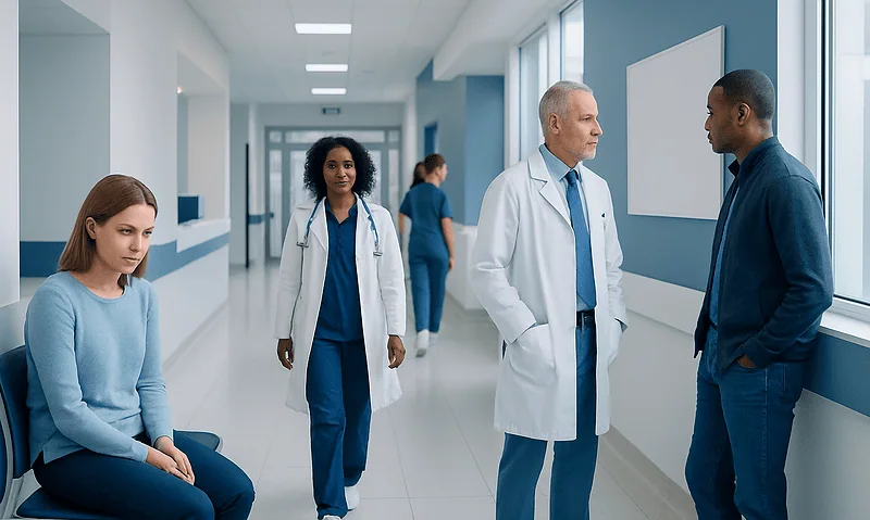 Medical professionals and patient in hospital corridor for enuresis treatment.